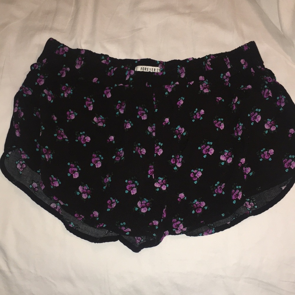 Black Flowy Shorts With Purple Flowers